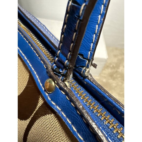 Coach Purse Khaki Signature Blue Stripe Top Zip Tote Shoulder Bag F19046 - Picture 13 of 16